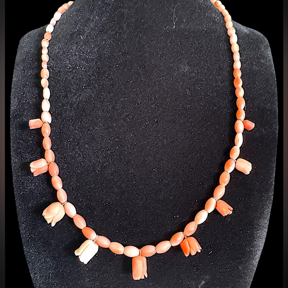 Art Deco Gold Filled Filigree Clasp Angel Skin Coral Roses Bead Necklace